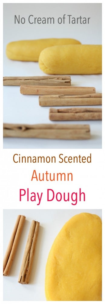 The lovely Cinnamon Scented play dough is easily made and requires no cream of tartar. Perfect Kids fall sensory activity.